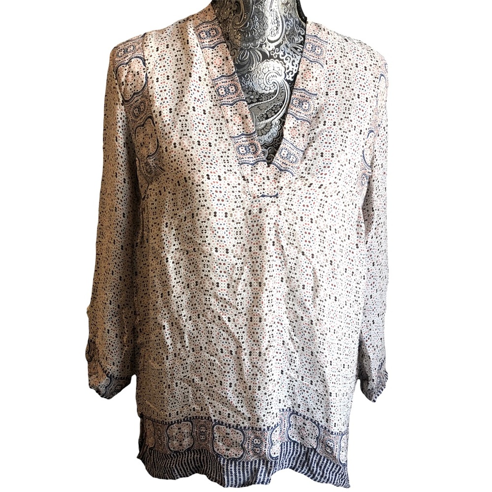 Vince Women's 100 % Silk Blouse Popover Top V-neck White Blue Rust 6‎